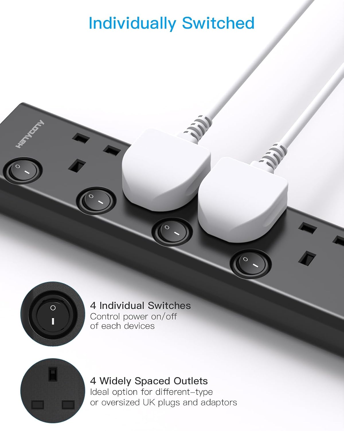 Black Extension Lead with 4 USB Slots(2 USB C), 4 Way Plug Extension Socket