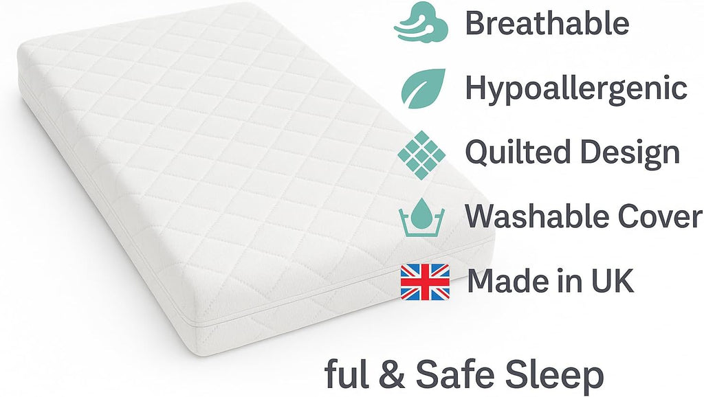 Toddler Cot Mattress 120 x 60 x 5 cm – Extra Thick Baby Mattress for Cot Beds – Quilted Polypropylene Cover – Firm Foam Support, Removable Cover – UK Made