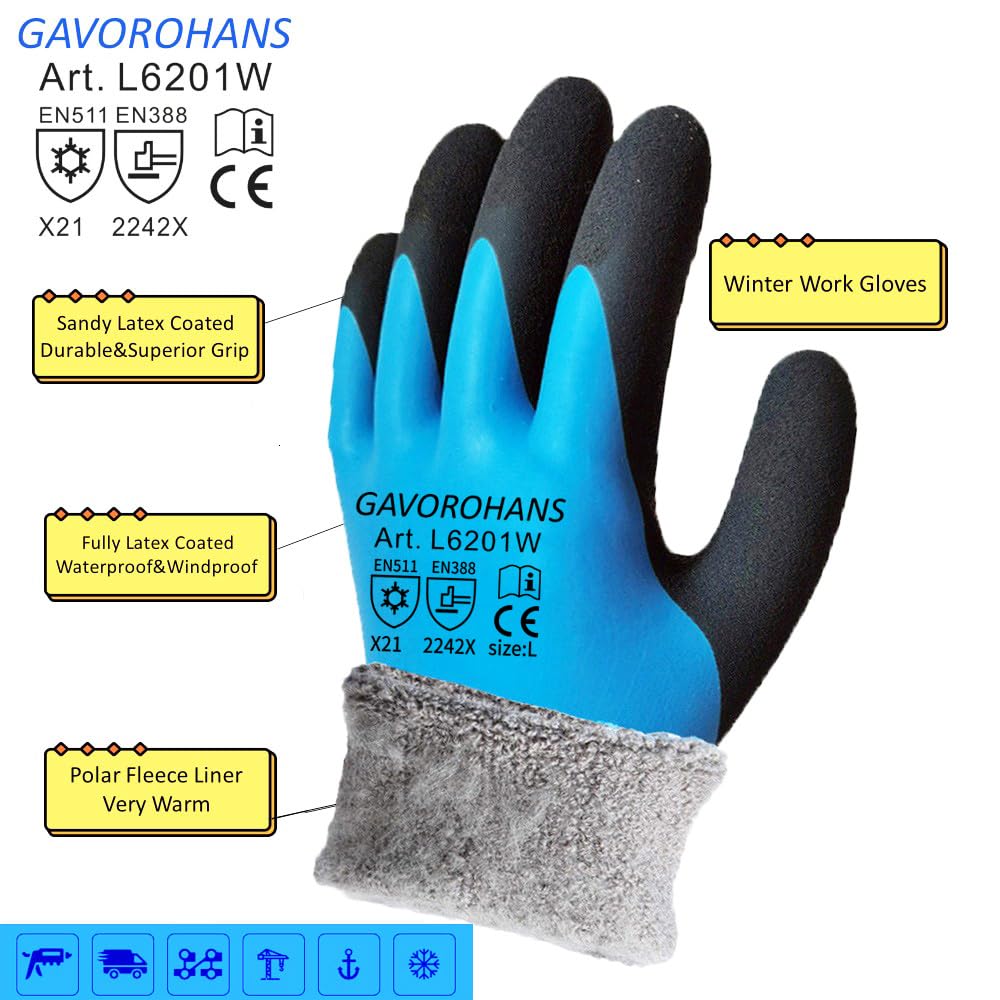 2 Pairs Waterproof Thermal Winter Work Gloves Polar Fleece Liner Superior Grip Double Latex Coating for Garden Logistics Warehousing in Cold Weather Outdoor Activities
