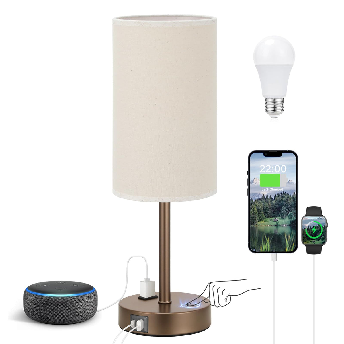 Fenmzee Bedside Table Lamp Set of 2 - Dimmable Touch, USB A+C, AC Outlet