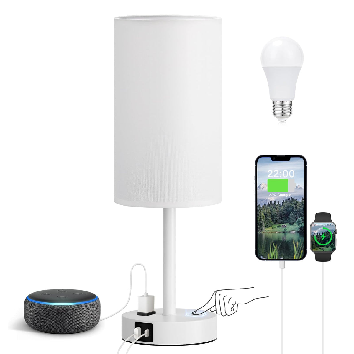Fenmzee Bedside Table Lamp Set of 2 - Dimmable Touch, USB A+C, AC Outlet