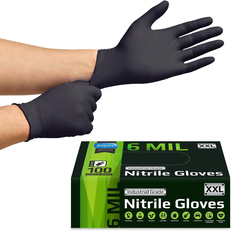 Inspire Black Nitrile Gloves HEAVY DUTY 6 Mil Nitrile Chemical Resistant Medical Cooking Cleaning Disposable Black Gloves