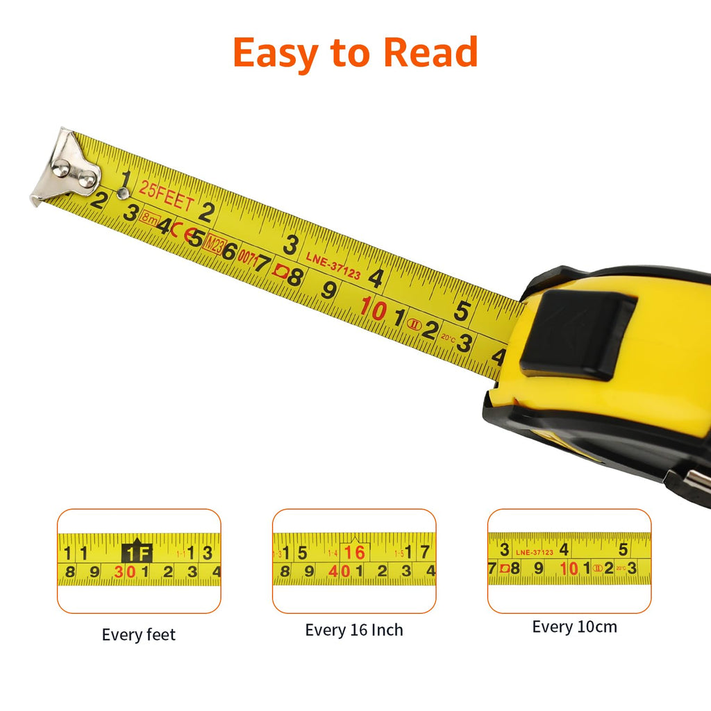 Amazon Basics Self-Locking Tape Measure with Belt Clip, 16-Feet (5-Meters), Inch/Metric Scale, MID Accuracy, Black, Yellow