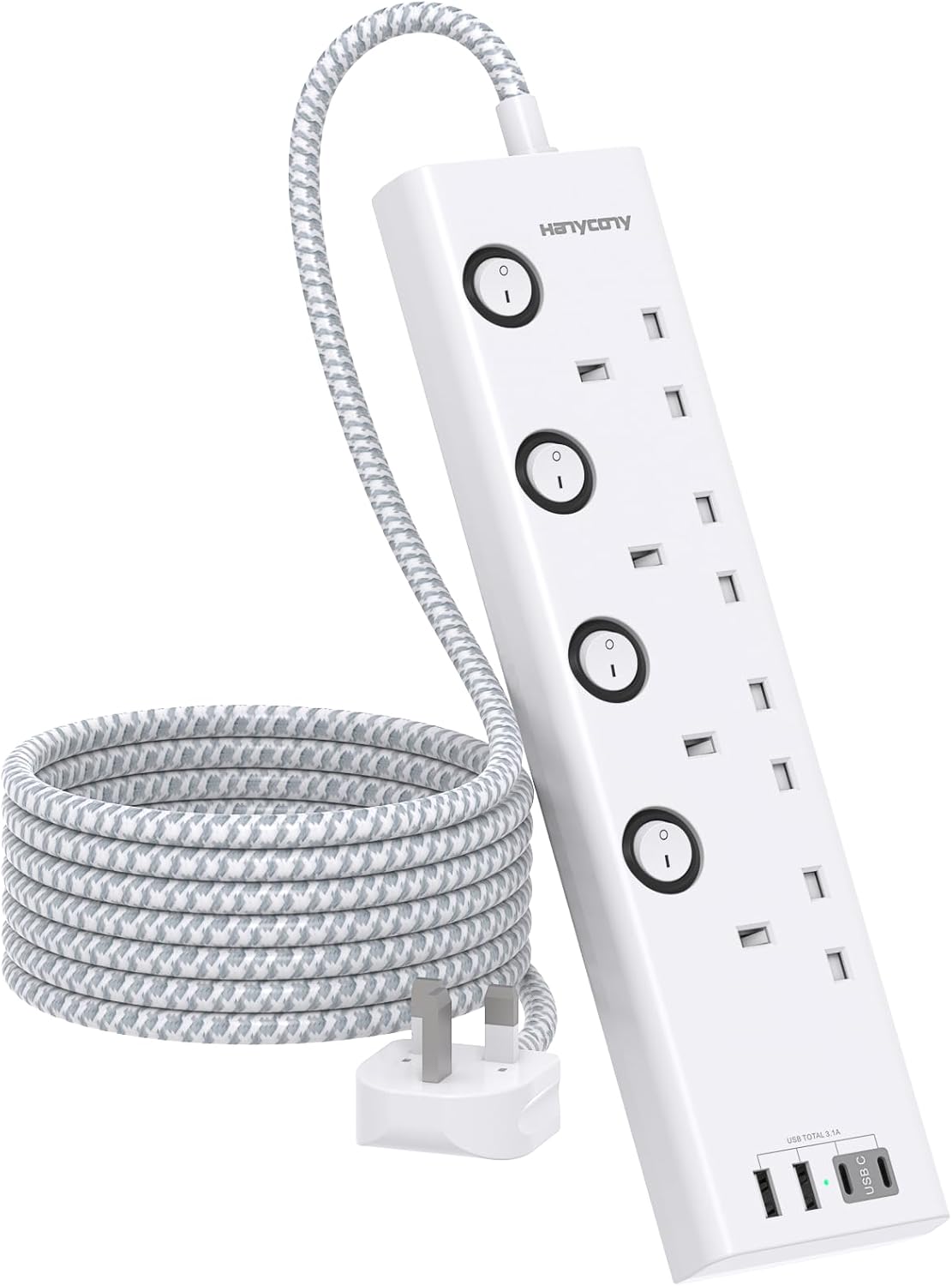 Extension Lead with USB Slots(2 USB C), 4 Way Plug Extension Socket, 1.8M