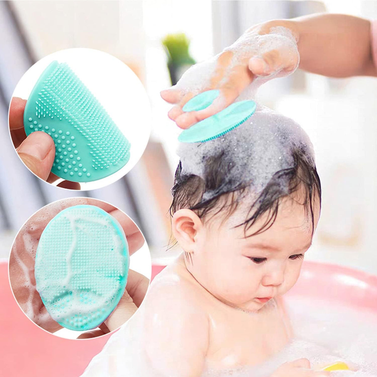 Baby Bath Brush, Baby Cradle Cap Brush, Silicone Massage Brush, Silicone Scrubbers Exfoliator Brush, Baby Skin Scrubbers Essential for Dry Skin, Cradle Cap and Eczema 2 Pack (Small-Blue&Green)