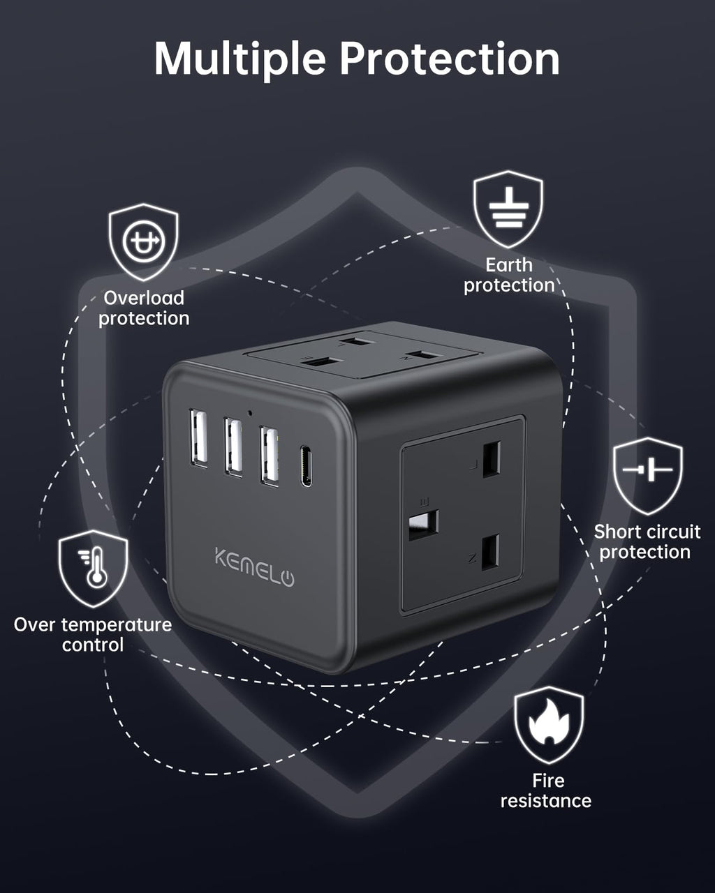 Cube Extension Lead with 4 USB Slots, Kemelo 4 Way (13A/3250W) Multi Plug Extension Cable with Child Safety UK Desktop Power Extension Socket,1.5M Extension Cords for Home Dorm Office Travel, Black