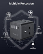 Cube Extension Lead with 4 USB Slots, Kemelo 4 Way (13A/3250W) Multi Plug Extension Cable with Child Safety UK Desktop Power Extension Socket,1.5M Extension Cords for Home Dorm Office Travel, Black