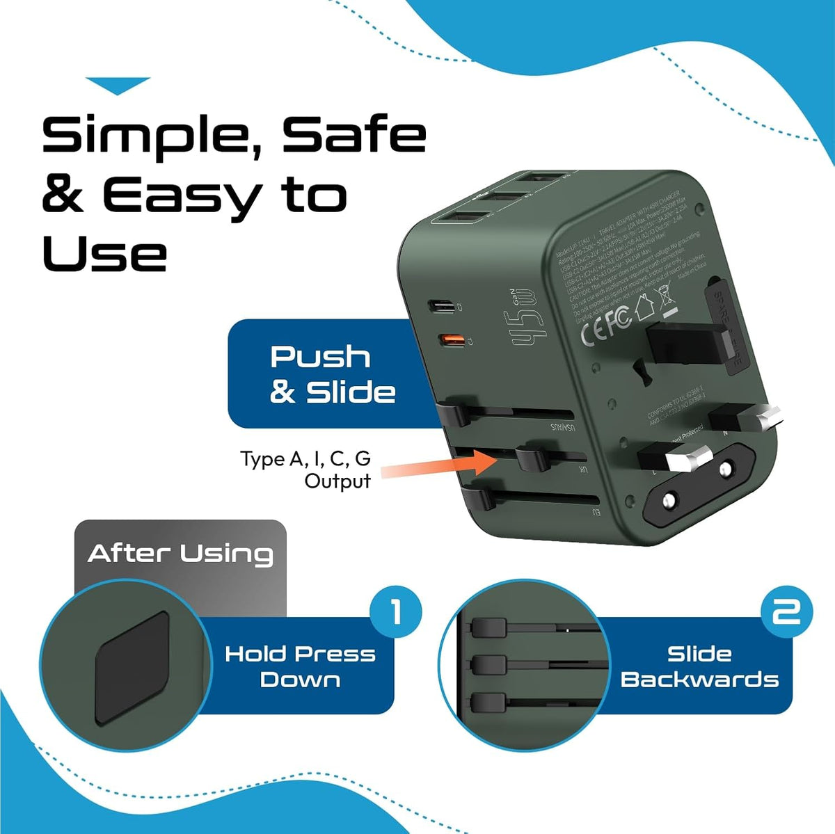 Ceptics 45W Universal Travel Adapter w/ 3 USB-A, 2 USB-C & Universal Input