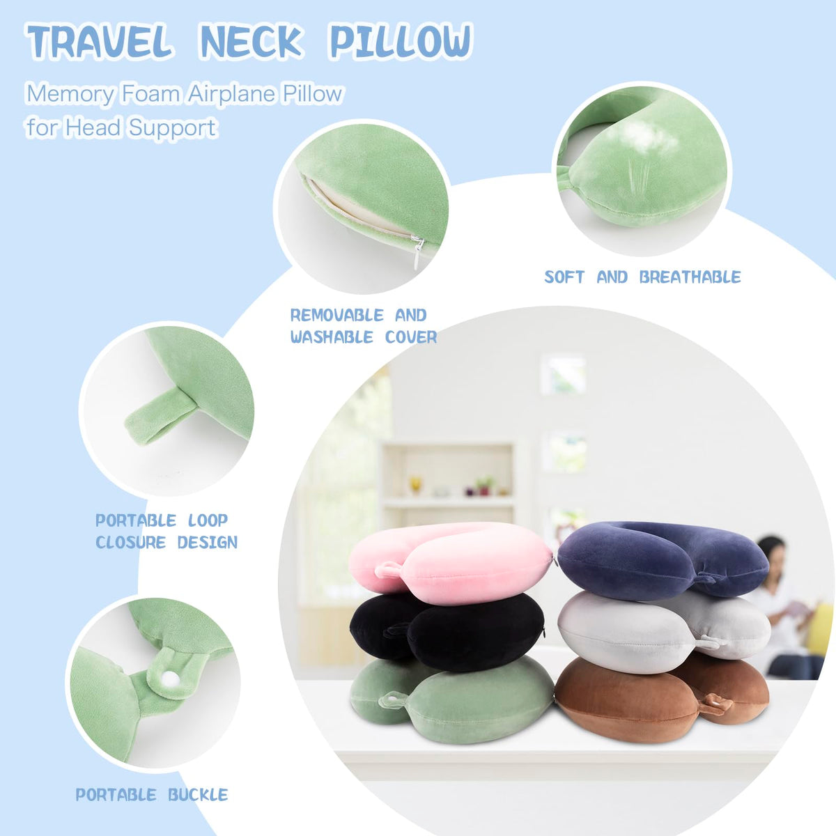 WENGX Travel Neck Pillow With Storage Bag Memory Foam Head Support Flight Pillows Cushion for Airplane Train Car Office Travel Essential for a Long Hauls Sleeping Rest(Pale Pink)