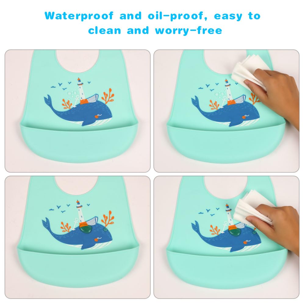 Vicloon Silicone Baby Bib, Baby Weaning Bibs, Waterproof Baby Feeding Bibs Adjustable with Wide Food Catcher Pocket Unisex Toddler Bibs