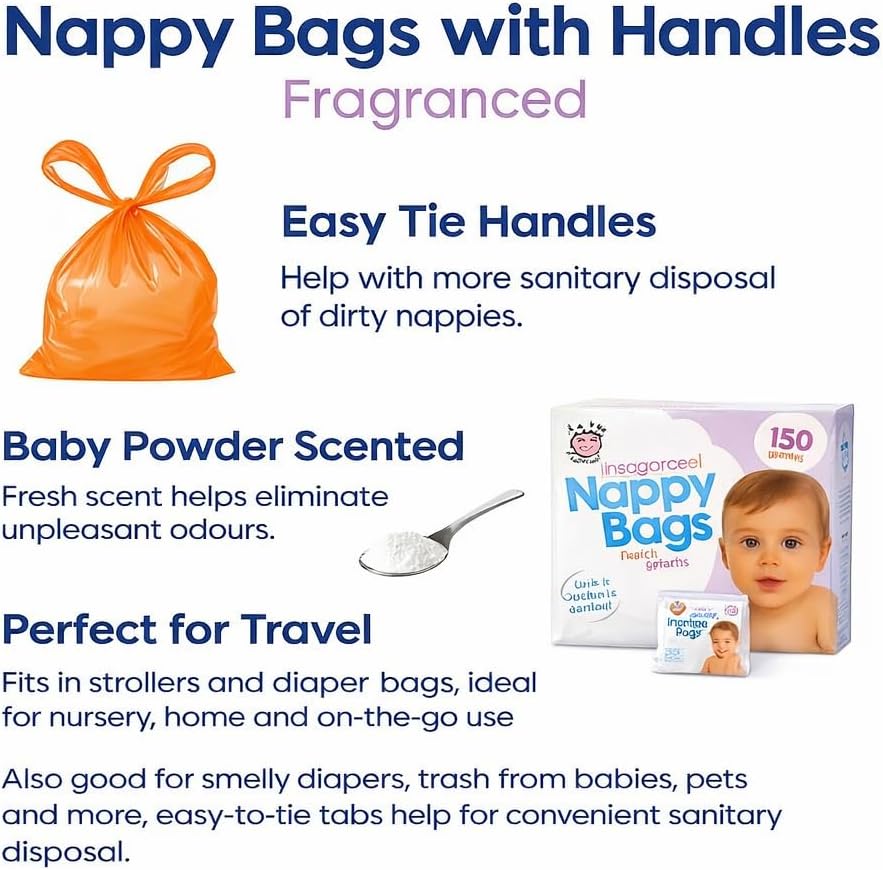 150pcs Fragranced Nappy Disposable Bags With Tie Handle Antibacterial Nappy Sacks Fragranced For Eliminate Odour Leakproof Bags Essentials For Newborn And Young Babies Travel Or Home Use