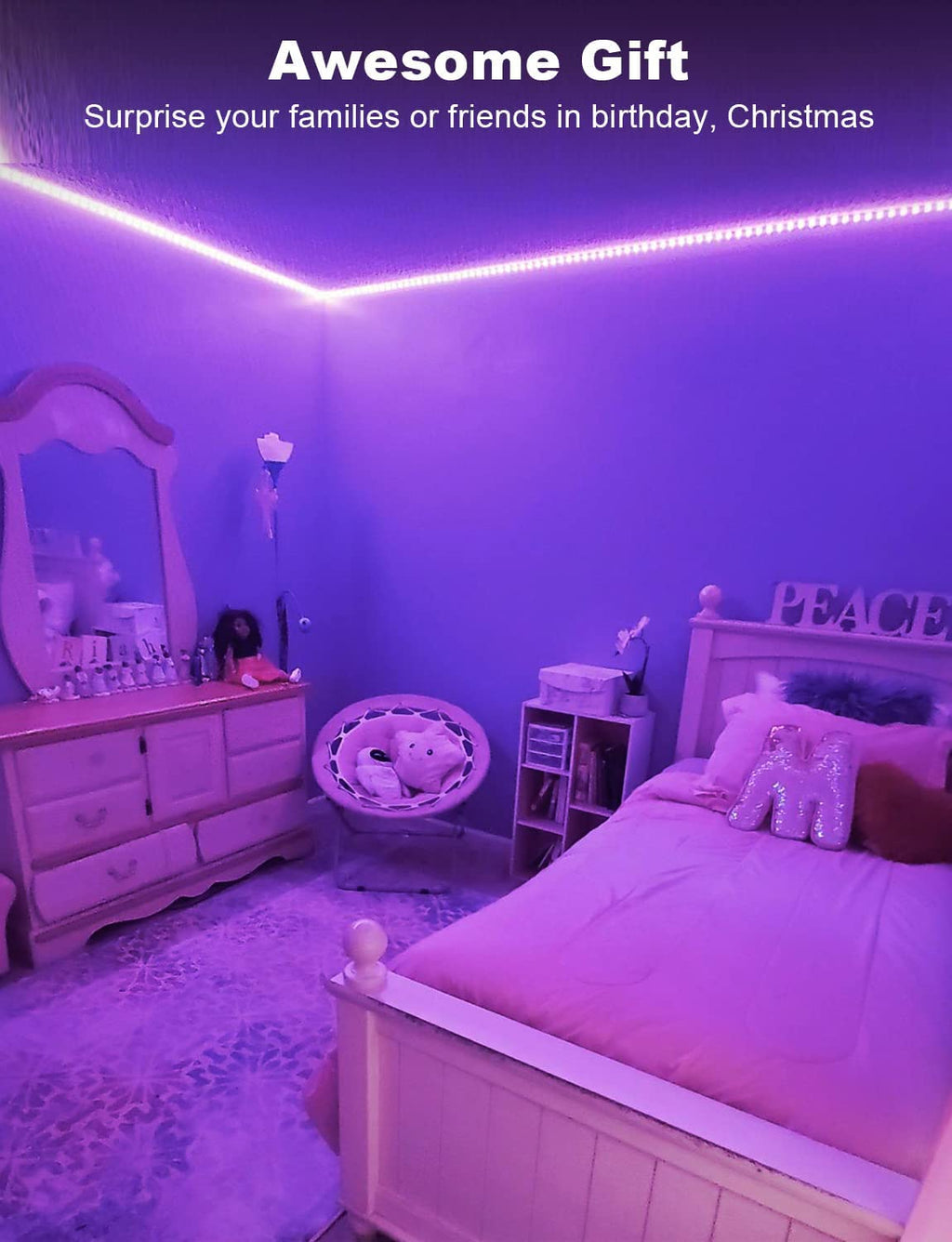 DAYBETTER LED Strip Lights 130ft Lights Strip for Bedroom, Desk, Indoor Room Bedroom Birthday Gifts RGB Decor with Remote and 24V Power Supply
