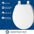 Mayfair Cassel slow close toilet seat, easy clean non-slip premium wood seat, install, made in USA, elongated, white