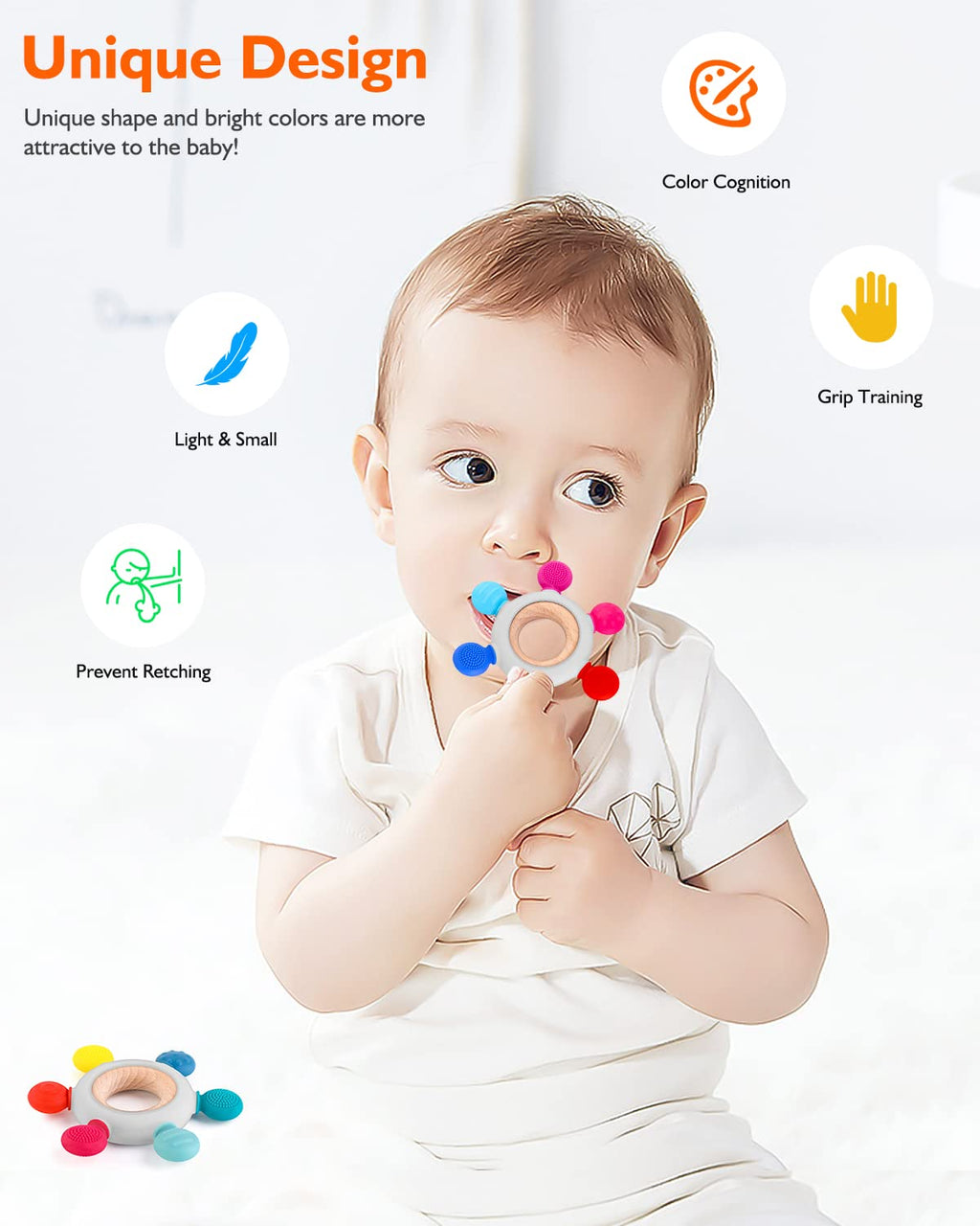 akolik Teething Toys for Baby,Teething Relief Teether Toys for Babies 3-6-12 Months, Silicone Sensory Wooden Teething Toys, BPA-Free,Baby Essentials for 3-6 Months Boy, Girl Toddlers