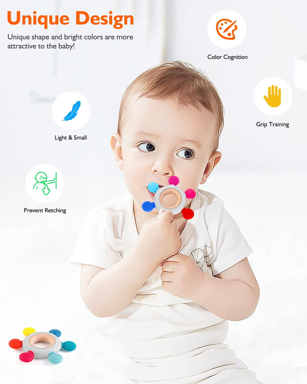 akolik Teething Toys for Baby,Teething Relief Teether Toys for Babies 3-6-12 Months, Silicone Sensory Wooden Teething Toys, BPA-Free,Baby Essentials for 3-6 Months Boy, Girl Toddlers