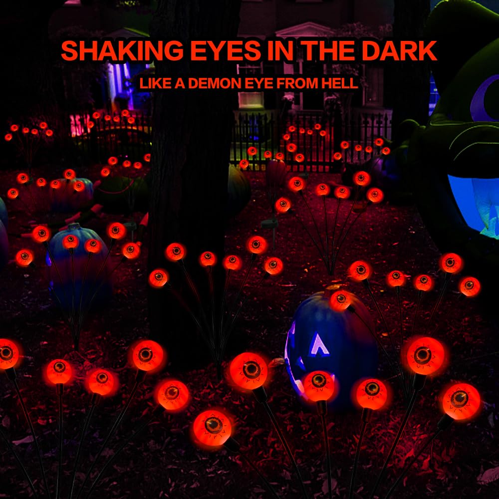 BeHiller Halloween Decorations Outdoor Solar Scary Eyeball Lights,2PACKS 12LED Green Eyeball Swaying Firefly Lights,Waterproof Solar Halloween Path Lights for Yard/Garden/Lawn/Party Decor