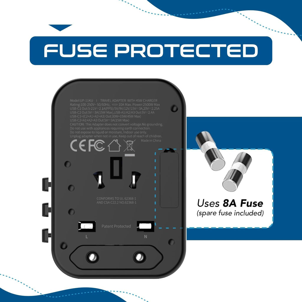 Ceptics 45W Universal Travel Adapter w/ 3 USB-A, 2 USB-C & Universal Input