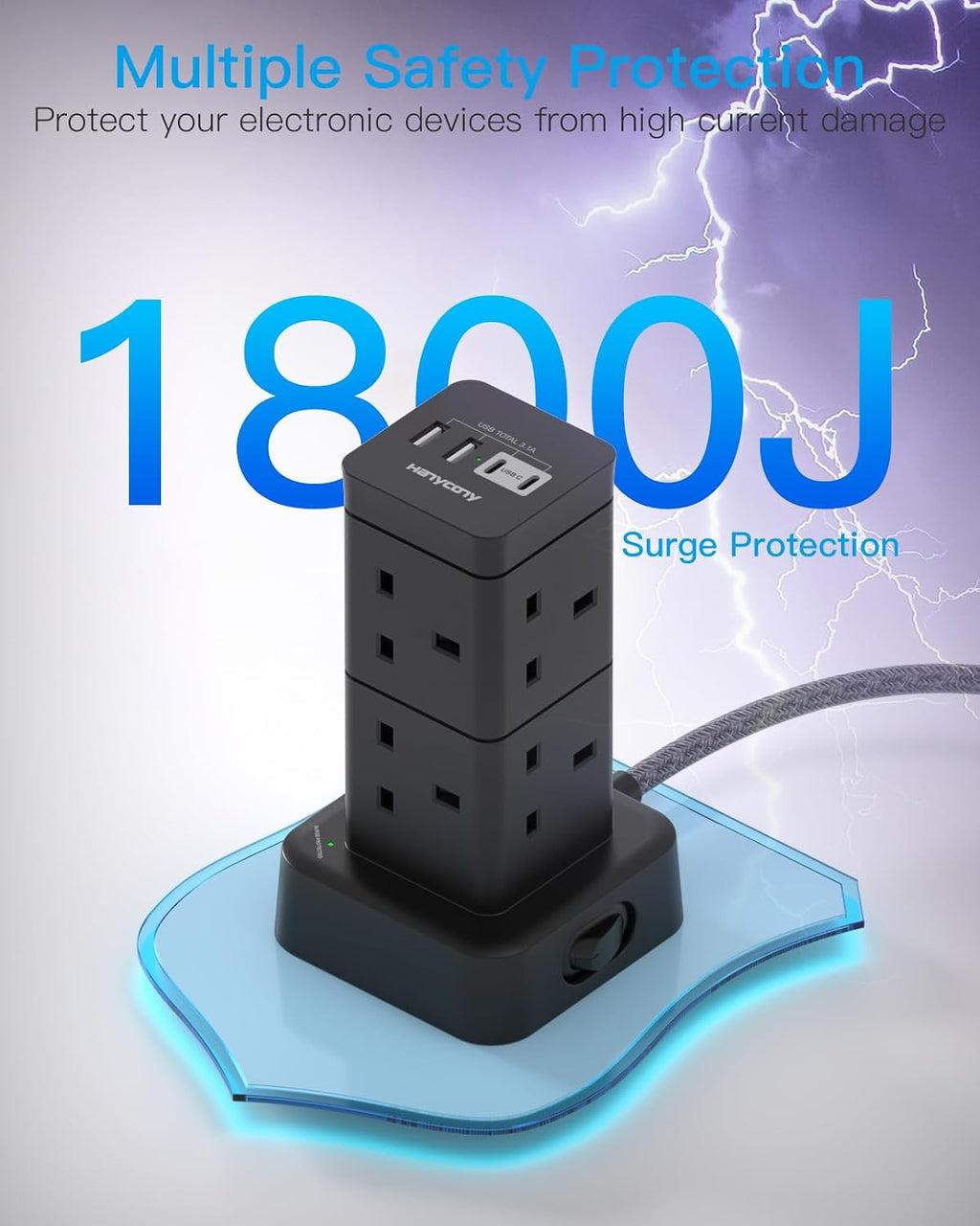 3M Tower Extension Lead with 2 USB C Slots, 8 Way Outlets Power Strip, 10Ft