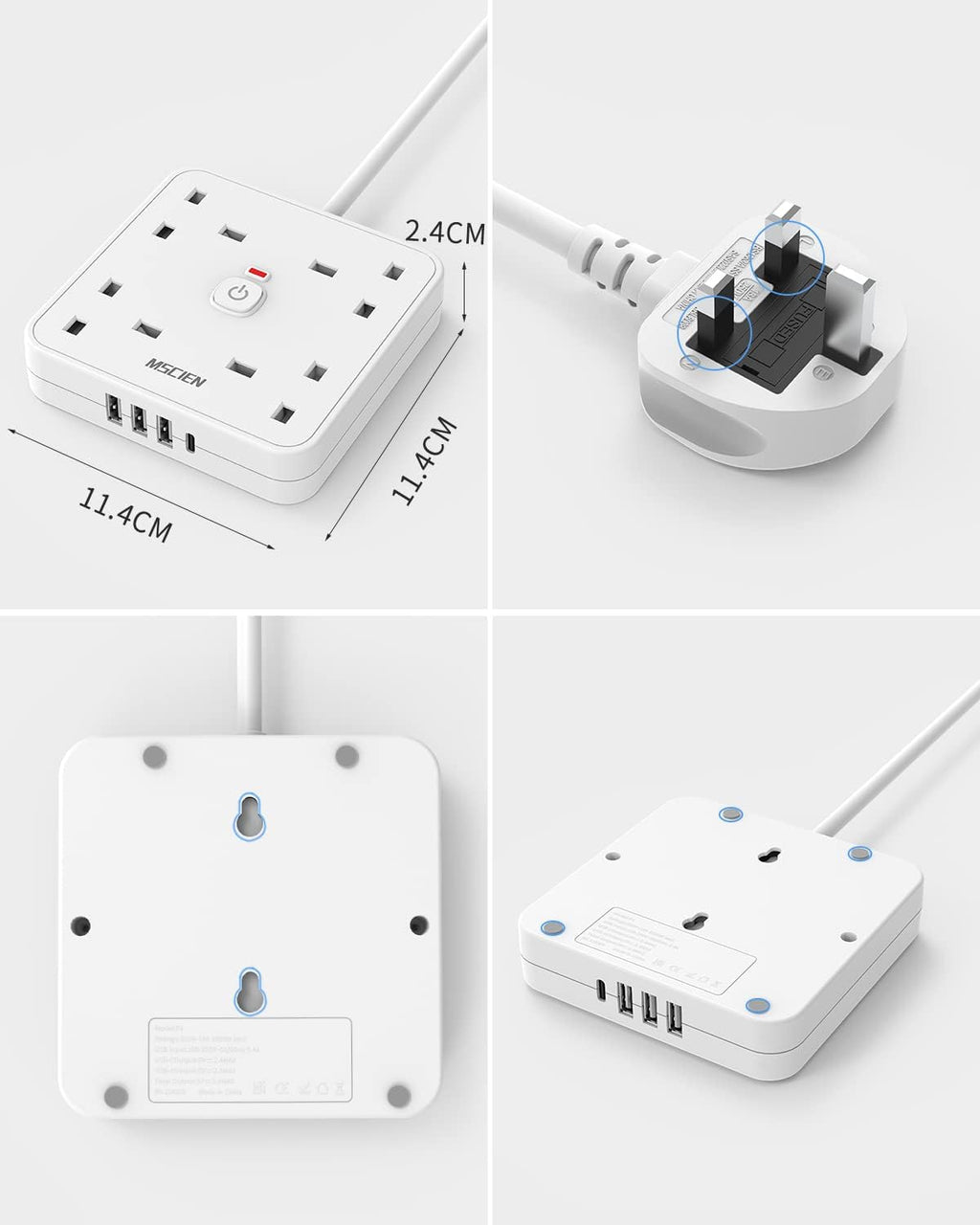 3M 4 Way Extension Lead with 4 USB Slots (1 USB-C + 3 USB-A), Mscien White Wall-Mounted Extension Socket with Switch and LED Indicator for Living Room, Bedroom, Kitchen, Office