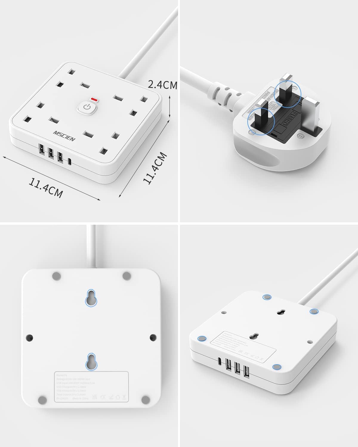 3M 4 Way Extension Lead with 4 USB Slots (1 USB-C + 3 USB-A), Mscien White Wall-Mounted Extension Socket with Switch and LED Indicator for Living Room, Bedroom, Kitchen, Office