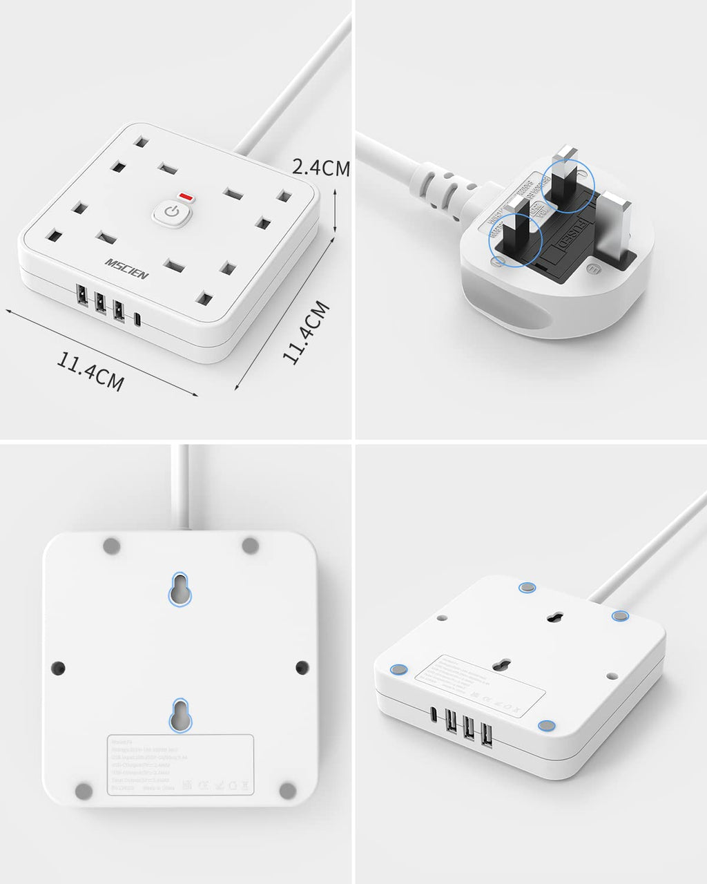 3M 4 Way Extension Lead with 4 USB Slots (1 USB-C + 3 USB-A), Mscien White Wall-Mounted Extension Socket with Switch and LED Indicator for Living Room, Bedroom, Kitchen, Office