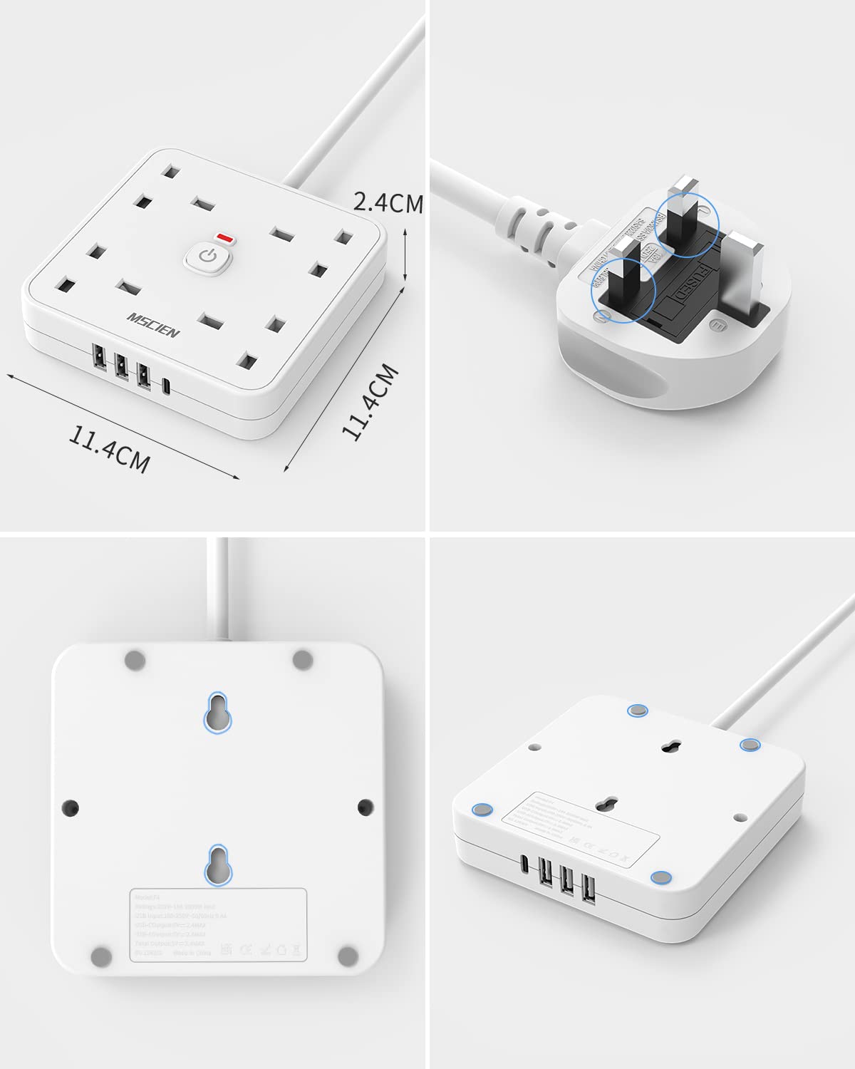 3M 4 Way Extension Lead with 4 USB Slots (1 USB-C + 3 USB-A), Mscien White Wall-Mounted Extension Socket with Switch and LED Indicator for Living Room, Bedroom, Kitchen, Office