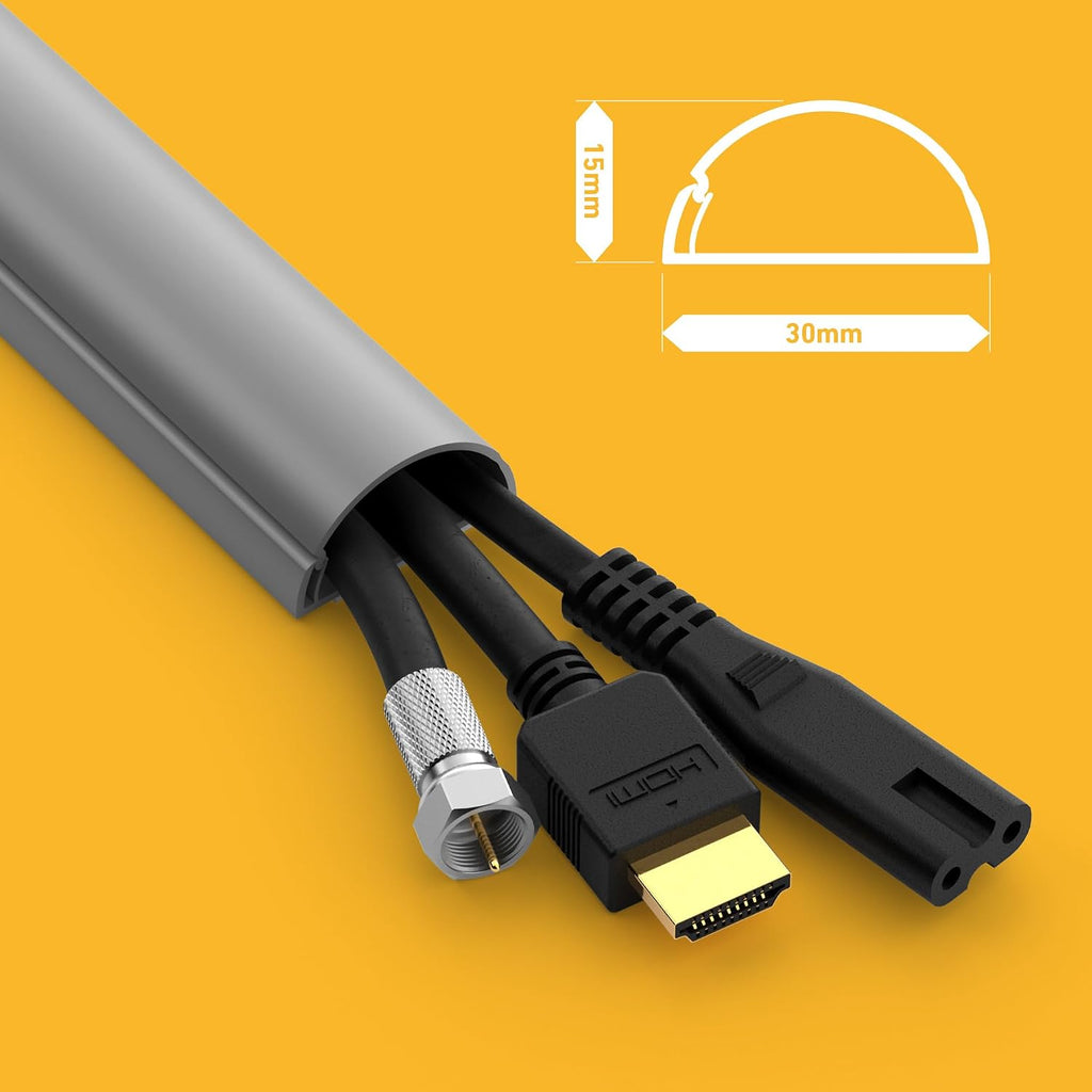 D-Line 30x15mm Cable Trunking 4m Multipack, Half Round Profile, Self-Adhesive Wire Cover, Paintable Cable Management - 10x 30mm (W) x 15mm (H) x 40cm Lengths and Accessories - Aluminium-Effect