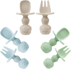 PandaEar 6 Pack Silicone Baby Weaning Spoons and Forks Set| Toddler Cutlery Self Feeding Spoons for Baby| Anti-Choke Design for Baby Led Weaning 3 Months Plus (Blue Green Tan)