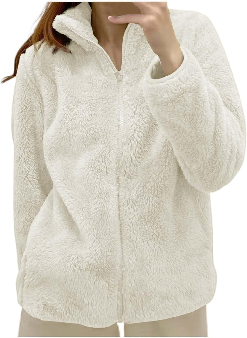 Fleece Winter Jackets for Women UK Fashion Warm Soft Fluffy Coats Causal Solid Color Long Sleeve Full Zip Jacket Elegant Callor Lapel Cardigans Ladies Teddy Fleece Outwear Gifts for Daily Holiday