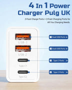 40W EU Travel Charger, European Plug Adaptor with 2 USB C Ports and 2 USB A Ports, Fast Charging UK to Europe Mains Adaptor for iPhone Samsung Smartphones 2PC