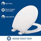 Mayfair Linden Slow Close Toilet Seat, Non Slip Heavy Duty Wood, Easy Install, Elongated, White