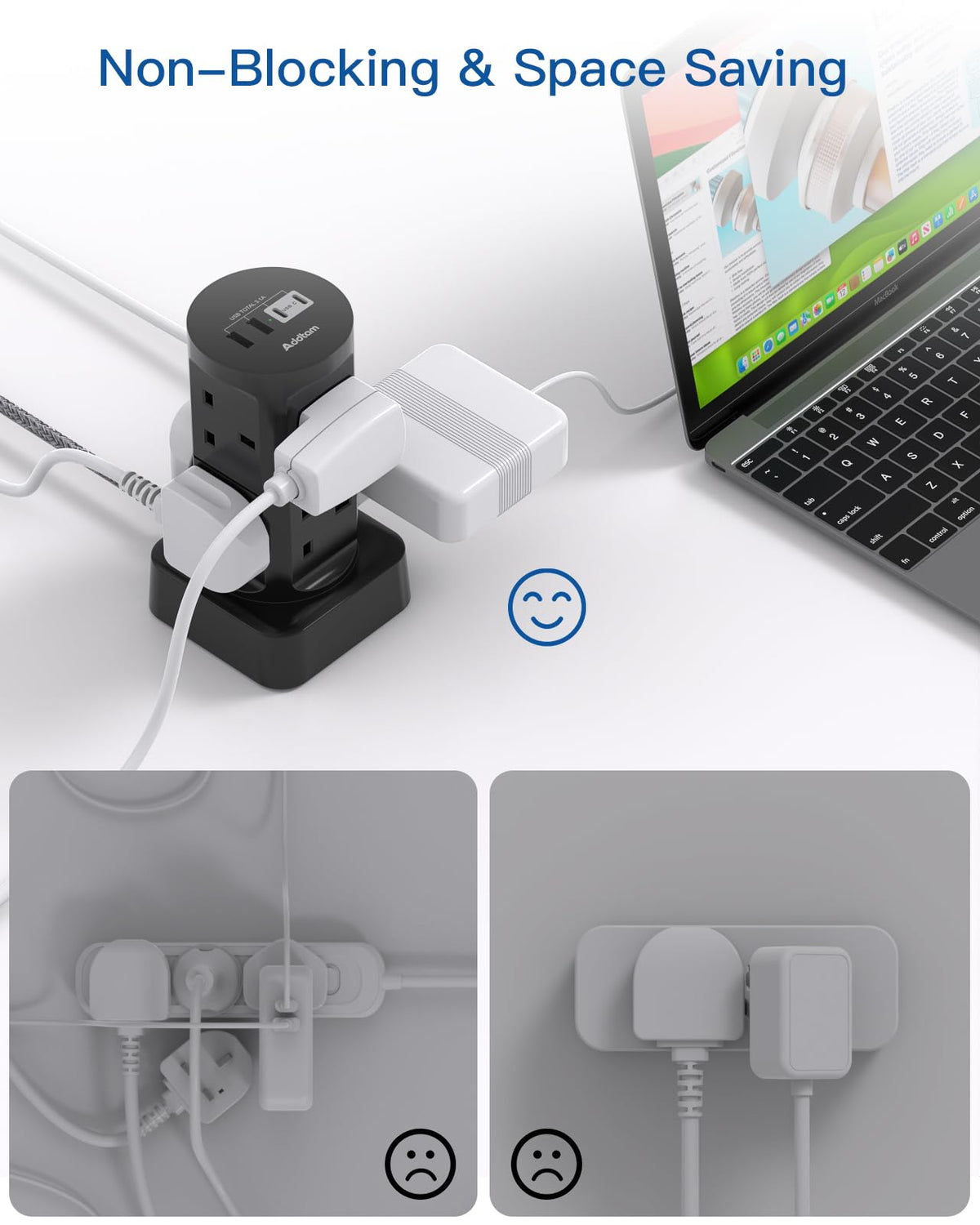 Tower Extension Lead with USB Slots, 8 Way Multi Plug Extension Tower &4USB