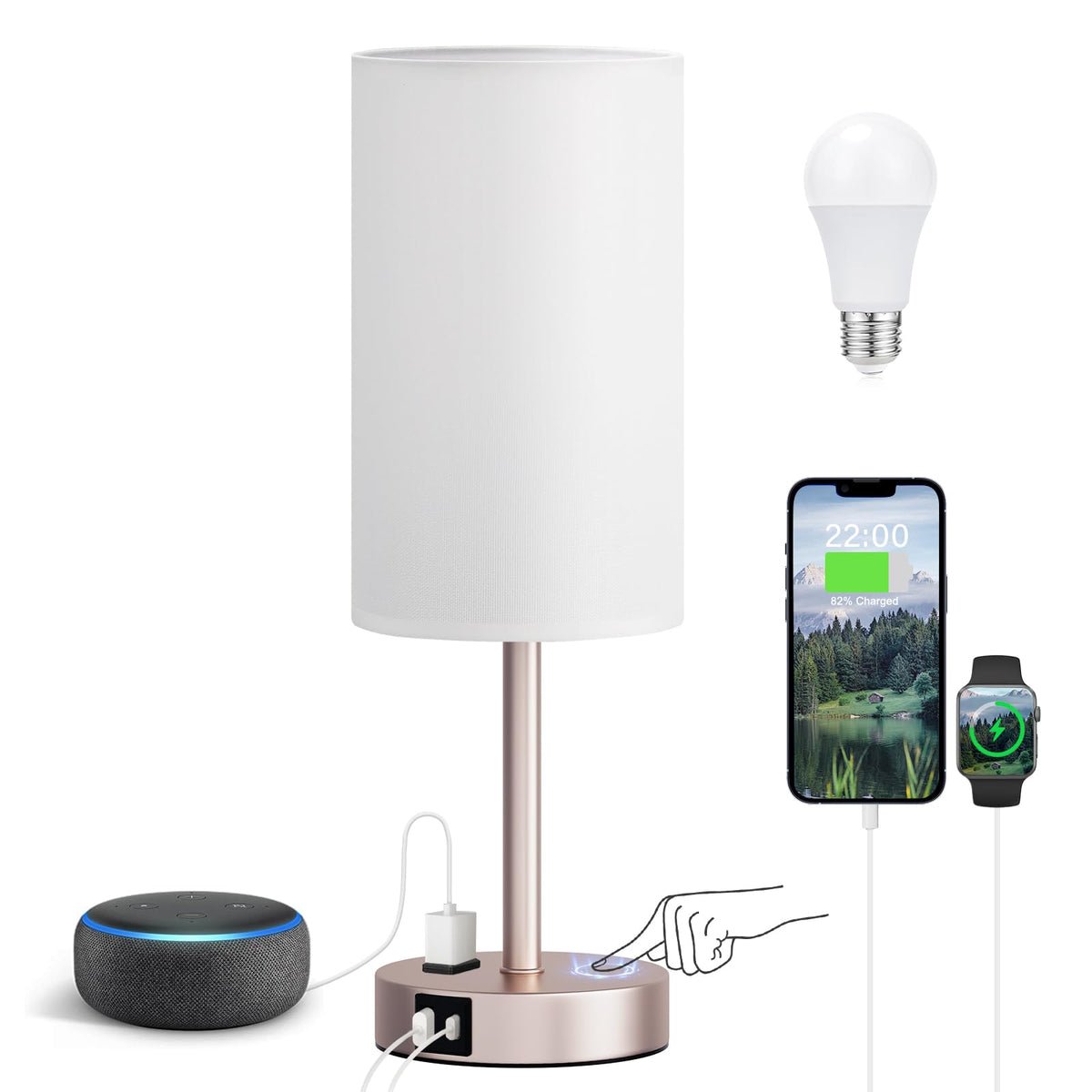 Fenmzee Bedside Table Lamp Set of 2 - Dimmable Touch, USB A+C, AC Outlet