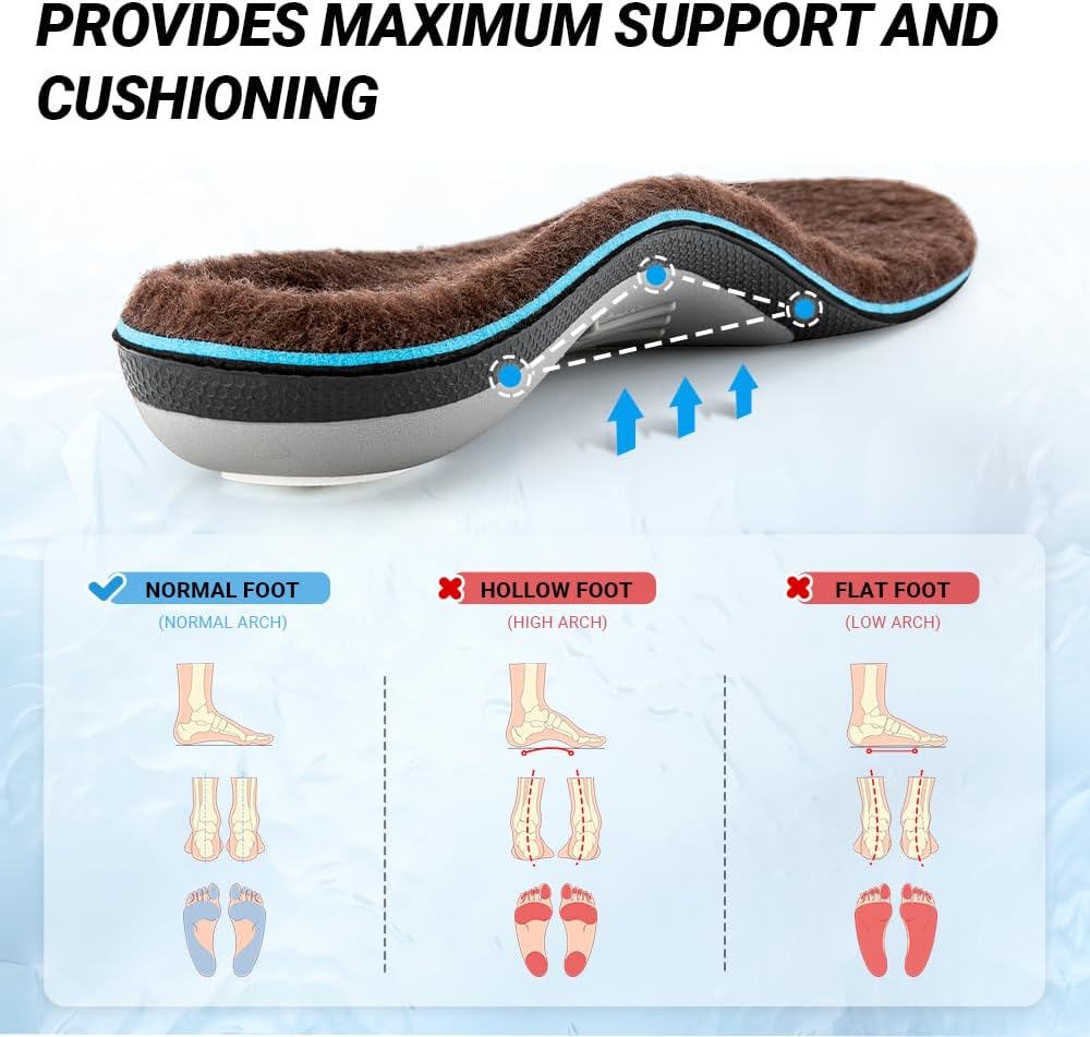 VALSOLE Thick Warm Wool Insoles for Men Women,Orthotic Insole,Arch SupportFor Insole,Plantar FasciitisInsole,for OverPronation,Flat Feet,Metatarsalgia,Heel Pain,Fleece Thermal Insoles(4-23cm,Brown)