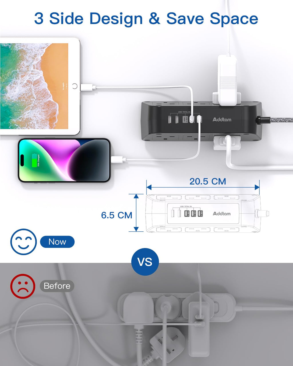 Extension Lead with USB Slots, 6 Way Outlets 5 USB (5A, 3 USB- C Port),1.6M