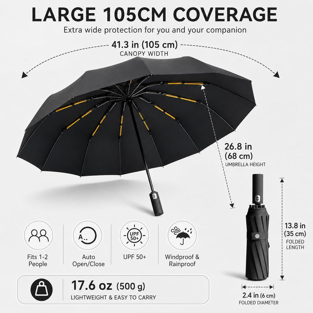 24K Strongest Windproof Travel Compact Umbrella Sturdy Frame Automatic Umbrella for Women & Men