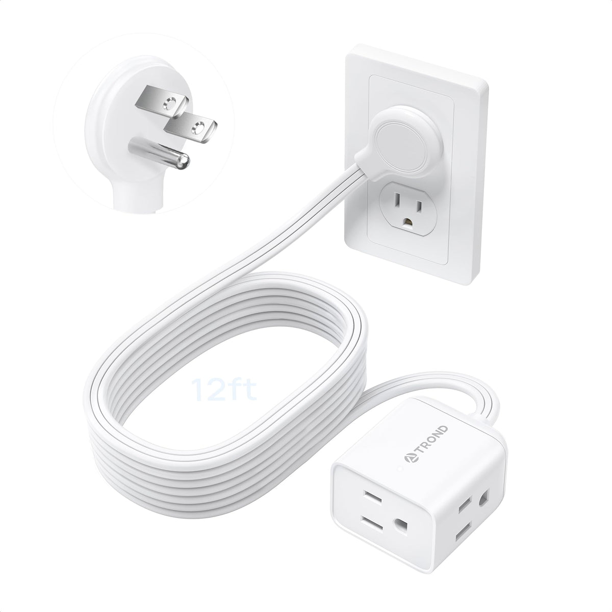TROND Rightward Flat Plug Extension Cord 6ft for Small Tight Spaces, White