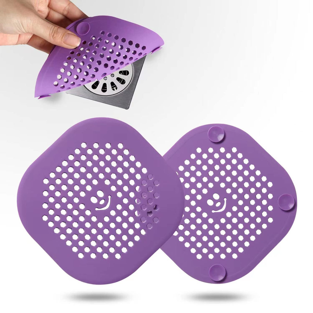 2 Pack Drain Hair Catcher Silicone Drain Cover Hair Stopper with Suction Cup for Shower Kitchen Bathroom Light Purple
