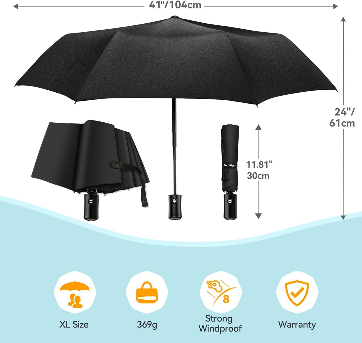 TechRise Umbrella, Compact Strong Windproof Automatic Umbrellas, Folding Lightweight, Portable Travel Golf Umbrella for Rain