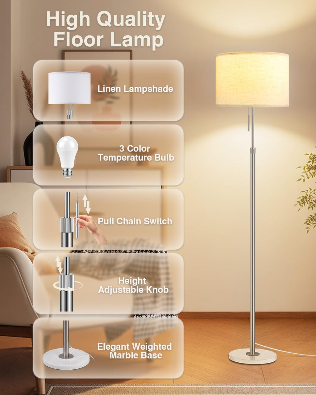 Ambimall Floor Lamp for Living Room with Smart Light Bulb, RGB + Stepless Dimmable Colors Temperature & Brightness(White Shade & Black Pole)