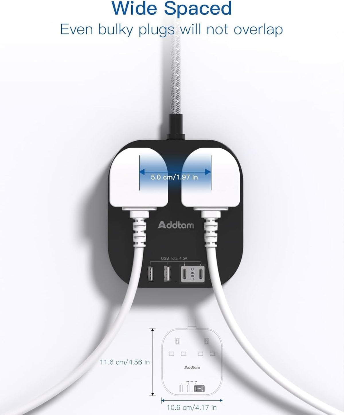 Extension Lead, Power Strips with 2 Way Outlets 4(4.5A, 2 Type C & 2 USB-A)