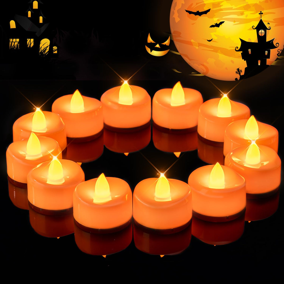 merrynights Flameless Candles, 24 Pack LED Tea Lights Candles Battery Operated, Last 200+ Hrs Flickering Tea Lights, Flameless Tealight Candles for Halloween Diwali Fall Christmas Wedding