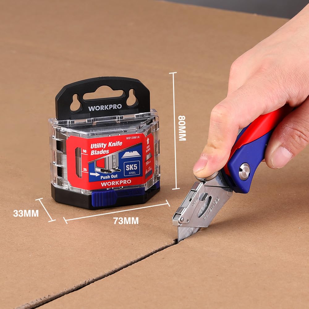 WORKPRO Utility Knife Blades, 100-Pack SK5 Steel Blades with Dispenser