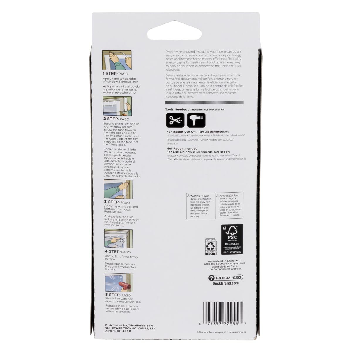 Duck MAX Strength Window Insulation Kit, Winter Window Seal Kit Fits up to 10 Windows, Heavy Duty Shrink Film Cuts to Size for Easy Indoor Installation, Window Tape Included,62 In. x 420 In., Clear