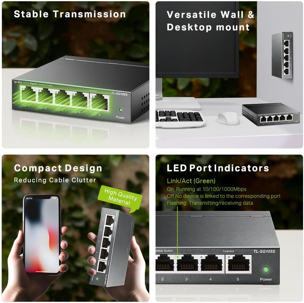 TP-Link TL-SG105S 5-Port Gigabit Network Switch, Metal Ethernet Splitter