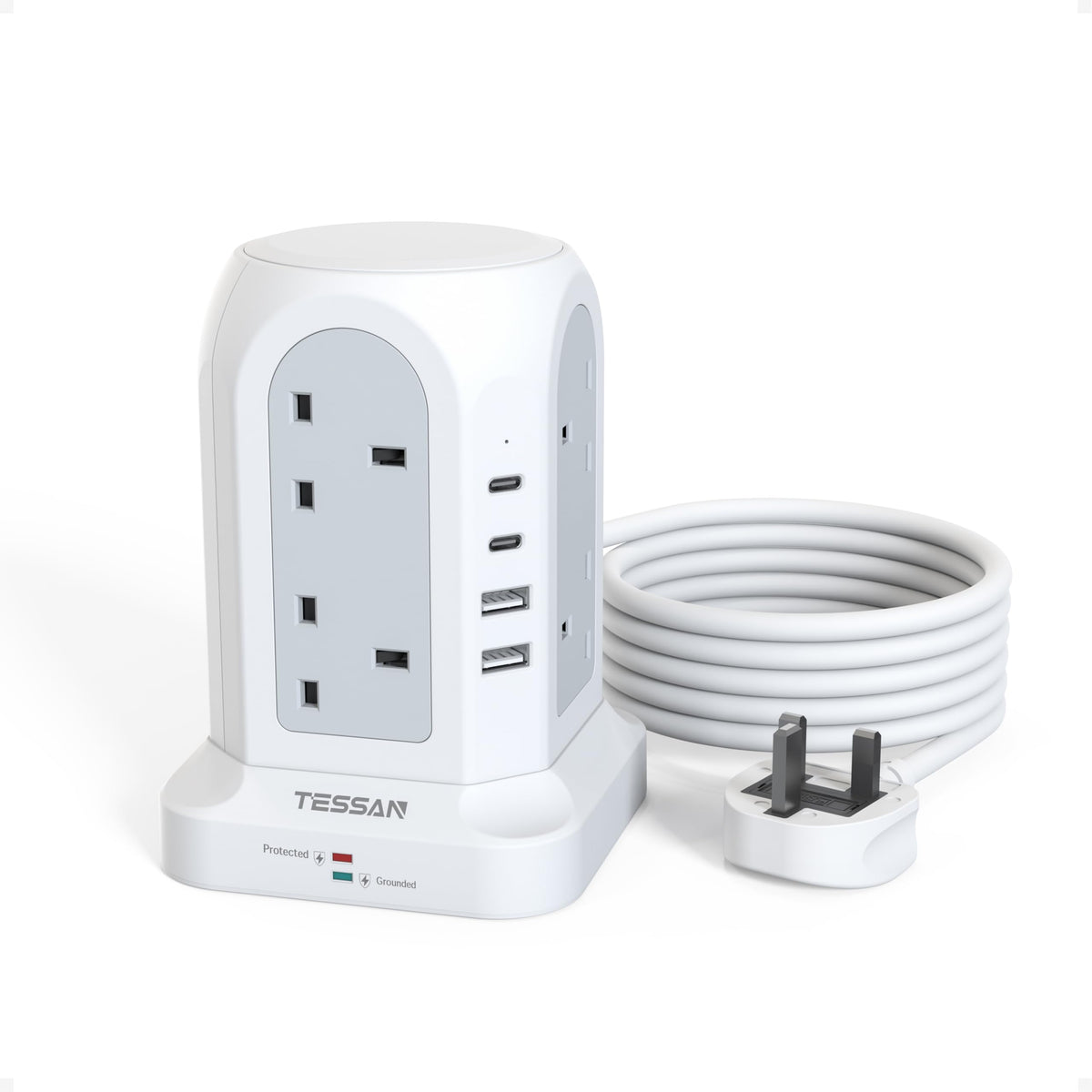 TESSAN 8 Way Tower Extension Lead 2M with 4 USB Slots (2 USB C)