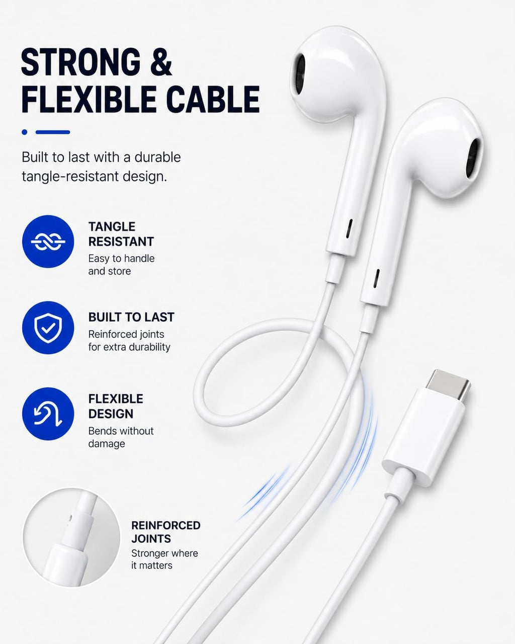 USB-C Wired Earphones with Microphone, In-Ear USB C Headphones, Stereo Earbuds with Mic, Wired Earphones for Samsung Galaxy, iPhone 15 Series, Google Pixel, iPad & USB-C Devices (1 Pack)