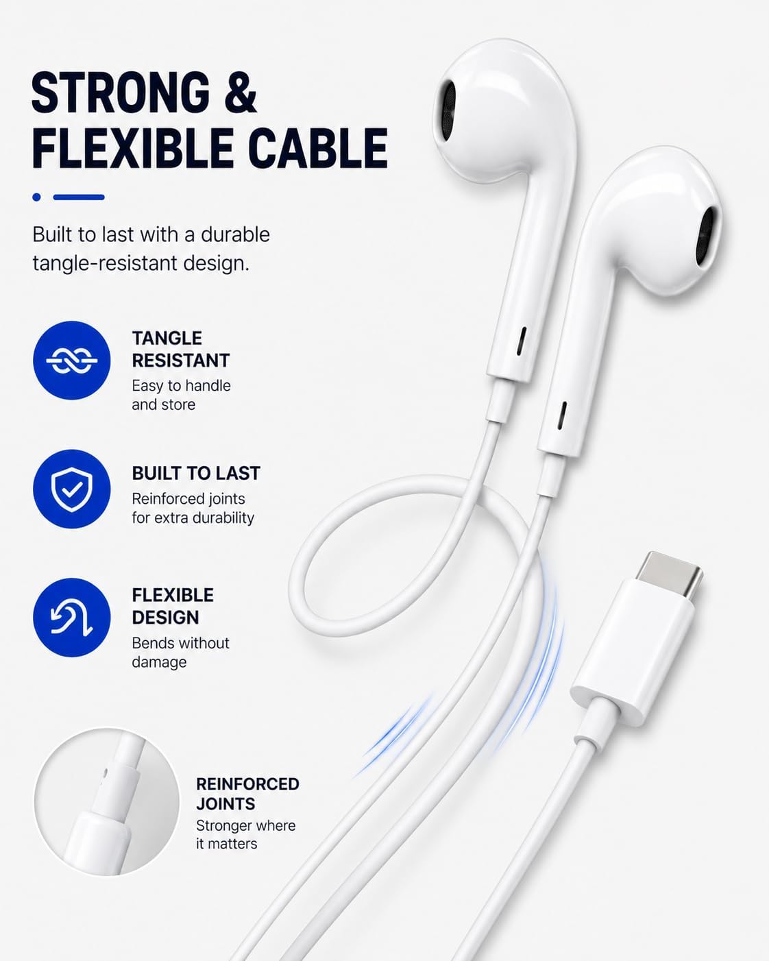 USB-C Wired Earphones with Microphone, In-Ear USB C Headphones, Stereo Earbuds with Mic, Wired Earphones for Samsung Galaxy, iPhone 15 Series, Google Pixel, iPad & USB-C Devices (1 Pack)