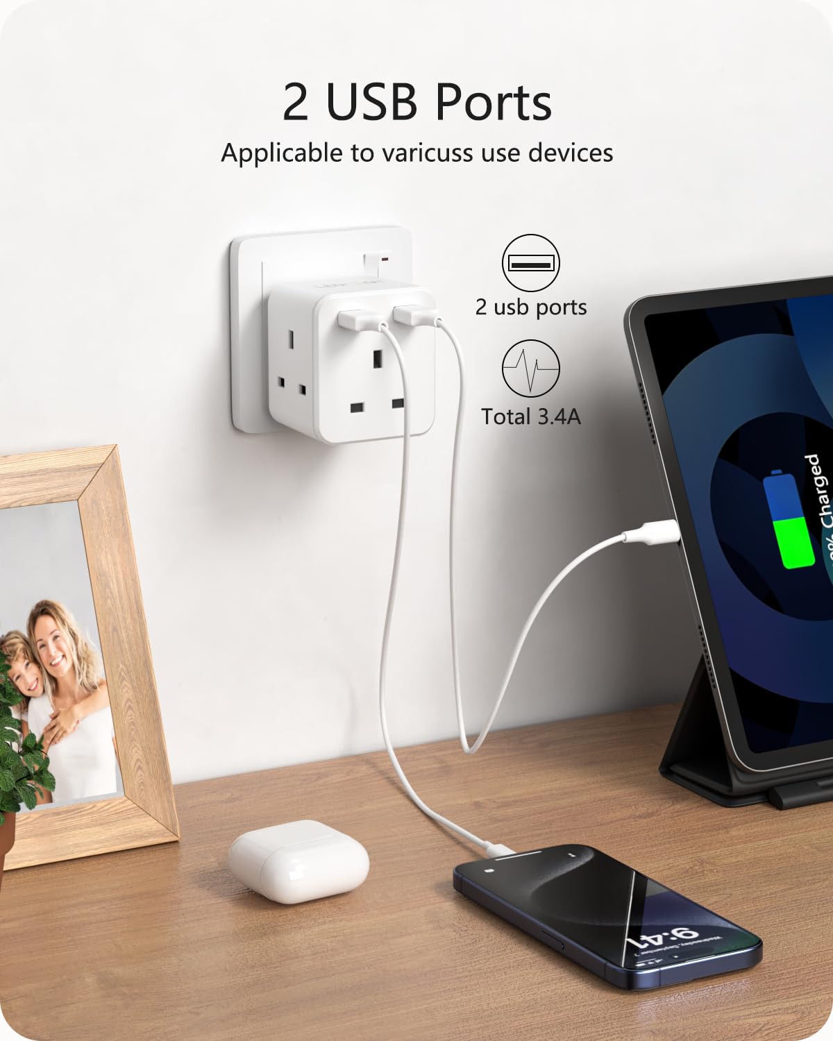 LENCENT 3 Way Plug Extension Socket with 2 Fast Charge USB, PD45W USB C