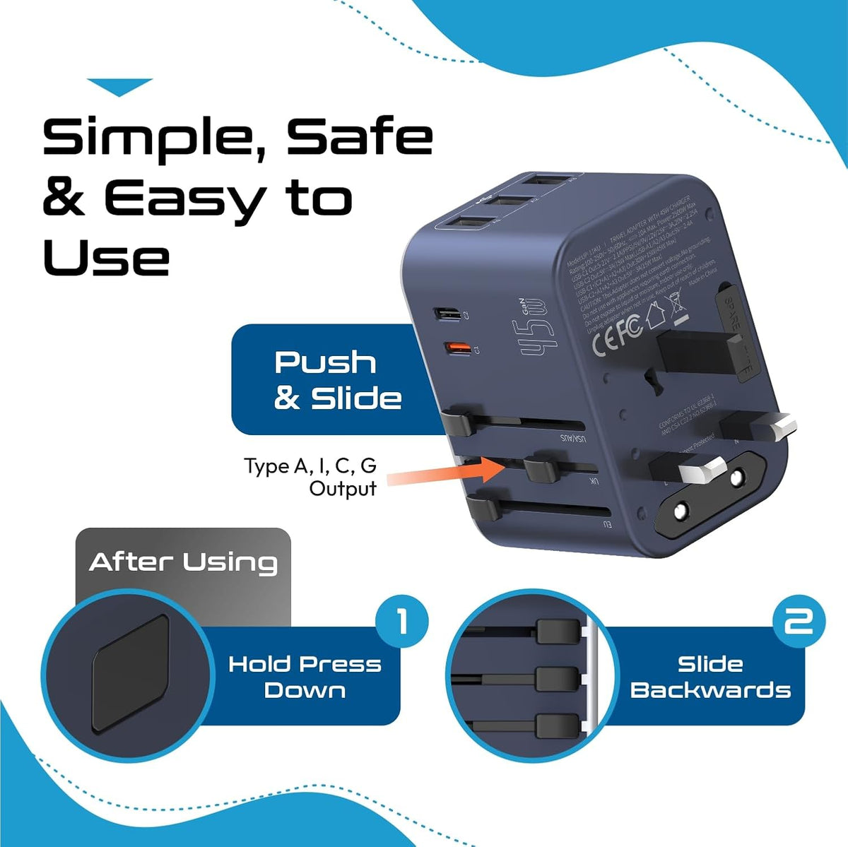 Ceptics 45W Universal Travel Adapter w/ 3 USB-A, 2 USB-C & Universal Input